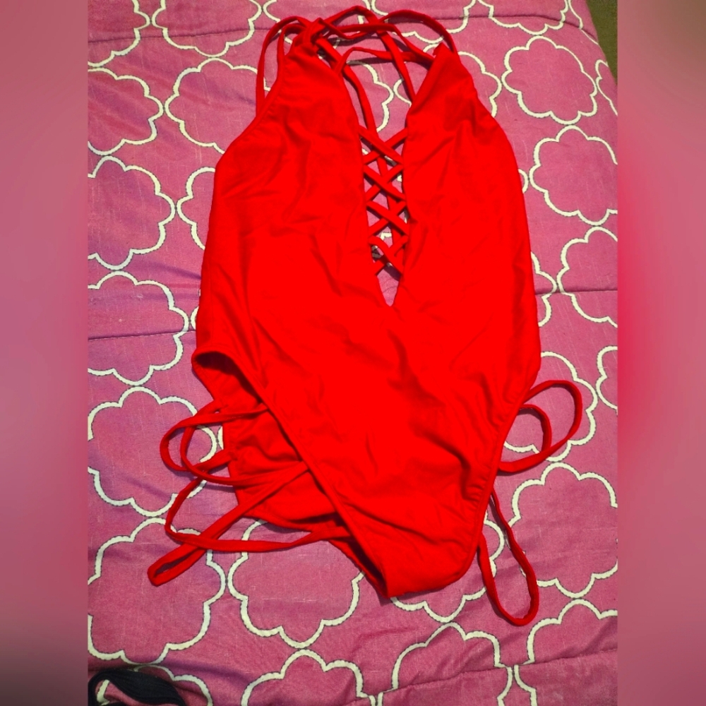 XL Red One-Piece Swimsuit with Crisscross Design NWOT